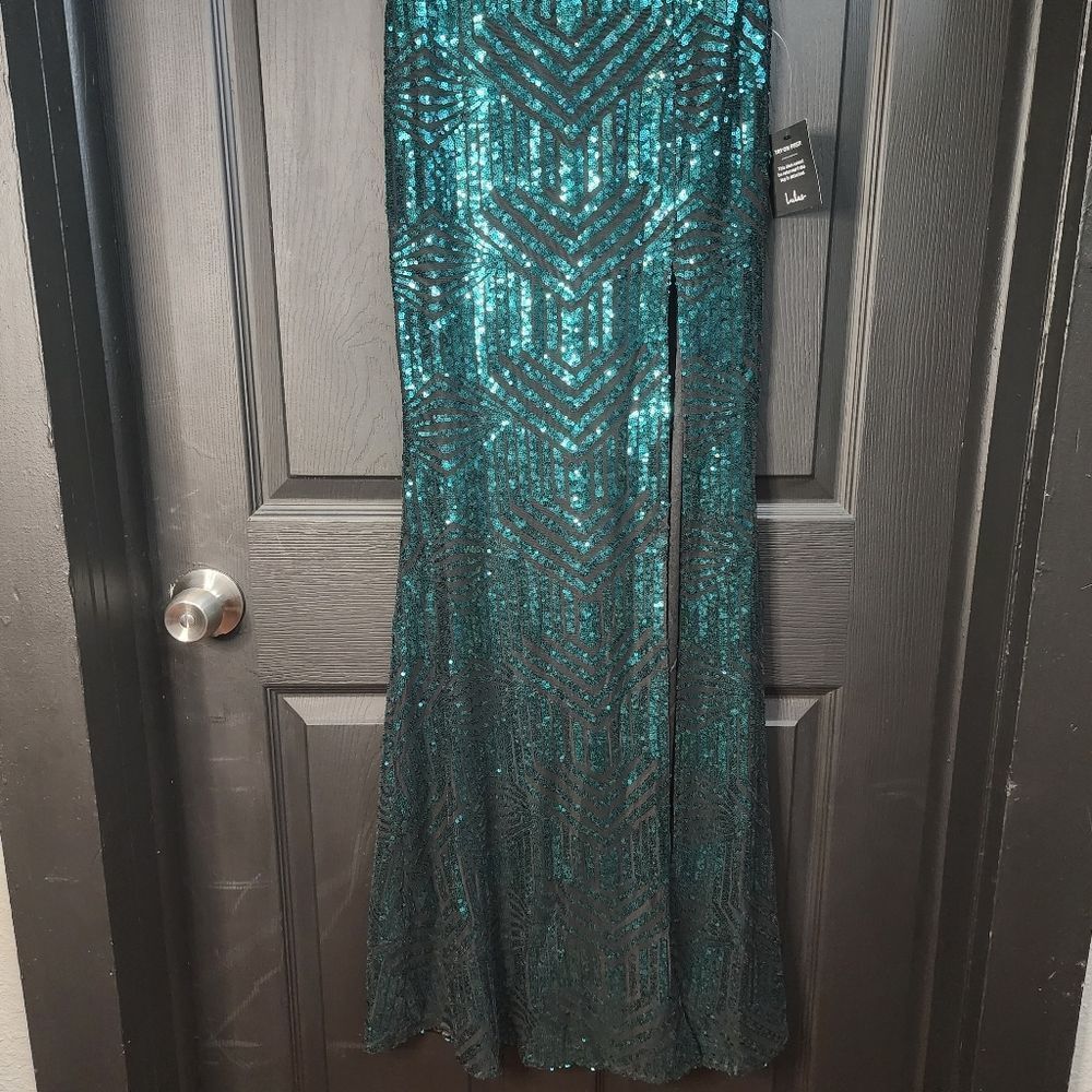 Lulus 'Dazzling Magic' Teal and Black Sequin Strapless Maxi Dress - Picture 7 of 16